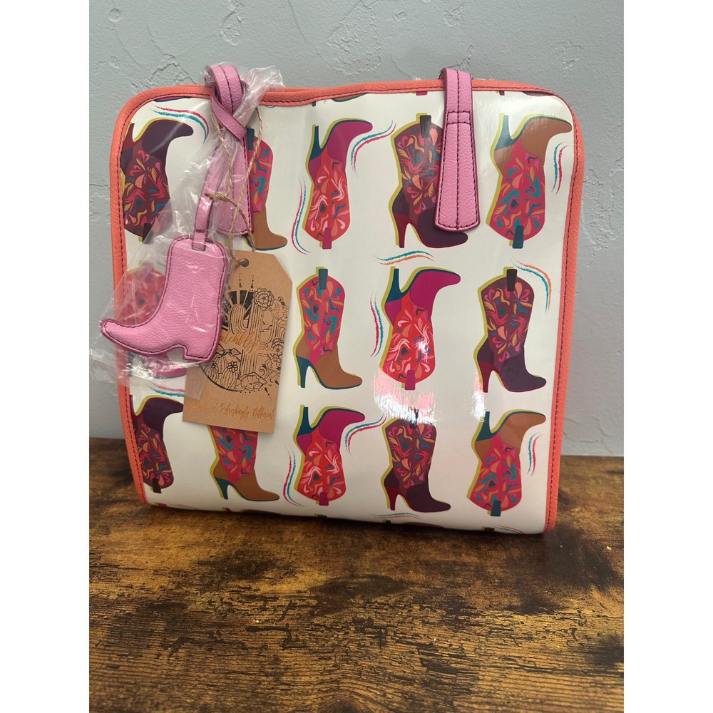 Catchfly Studio Western‎ Cowboy Boot Print Tote Bag Pink Coral Leather Trim
